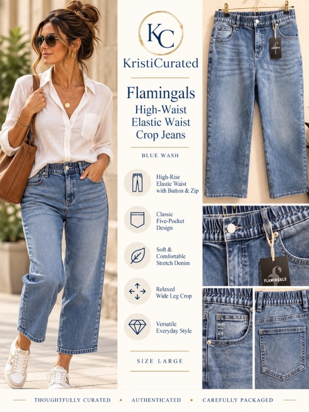 Flamingals High Waist Elastic Waist Crop Jeans Blue L NWT